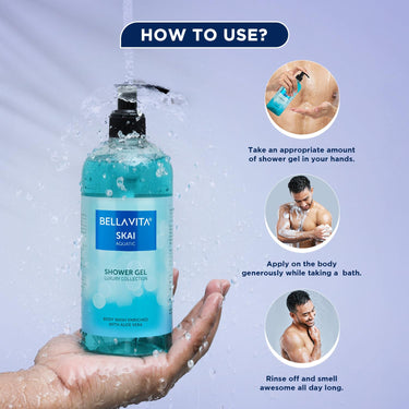 Bella Vita Luxury Skai Aquatic Unisex Body Wash Refreshing Shower Gel for Deep Cleansing, Hydrating & Moisturising Skin with Aloe Vera 500 Ml